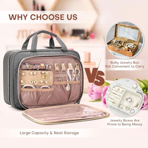Toiletry Bag for Women with Jewelry Organizer Compartment, Jewelry Boxes for Gifts, Travel Makeup Cosmetic Bag with Hanging Hook for Full-sized Toiletries, Shampoo - Grey, Gifts for Women