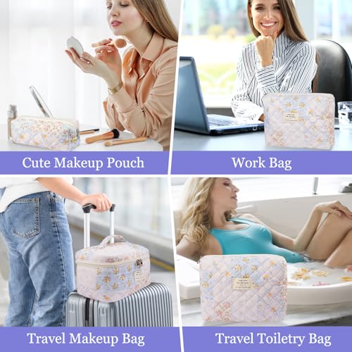 Makeup Bag Set, Quilted Makeup Bag, Large Floral Cosmetic Bag for Women, Cute Cotton Makeup Bags, Flower Travel Toiletry Organizer Bag (Folk Style)