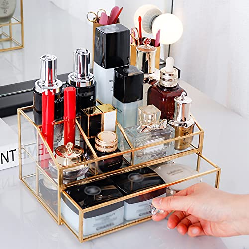 YUEHUA Glass Makeup Organizer, Clear Makeup Brush Organizer Jewelry Display Box, Gold Makeup Nail Polish Lipsticks Eyeliners Holder Organizer for Vanity Bathroom Office