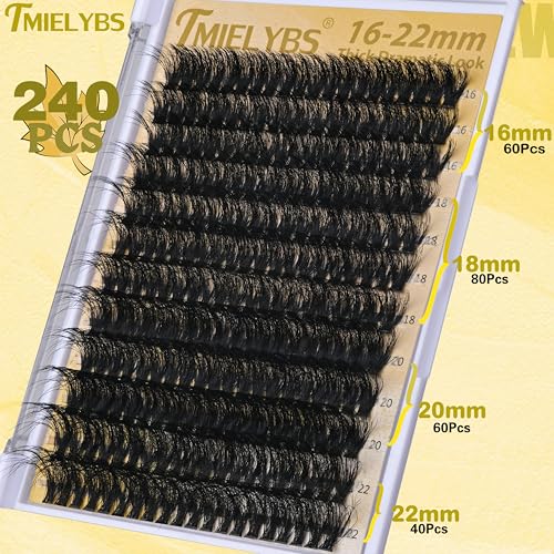 Lash Clusters 16-22mm Long Cluster Eyelash Extensions Thick D C Eyelash Clusters 240pcs Waterproof Individual Lashes Soft Wispy False Eyelashes DIY Volume Lash Extension at Home, by TMIELYBS