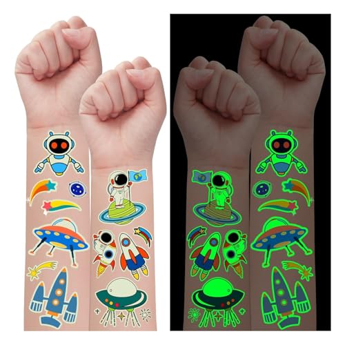Partywind 290 Styles (30 Sheets) Luminous Space Tattoos for Kids Party Decorations, Glow Outer Space Party Supplies Favors with Astronaut/Rocket/Planet, Kids Games for Glow Party