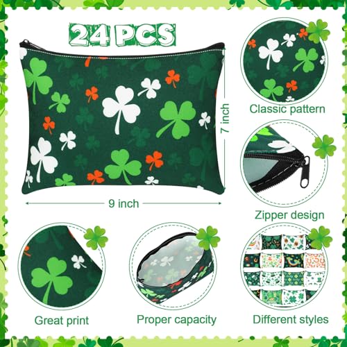 Abbylike 24 Pcs St. Patrick's Day Canvas Makeup Bags Bulk Irish Gifts for Women Shamrock Clover Cosmetic Bags Toiletry Storage Zipper Pouch Travel Purse Toiletry Pocket Organizer for Irish Party Favor