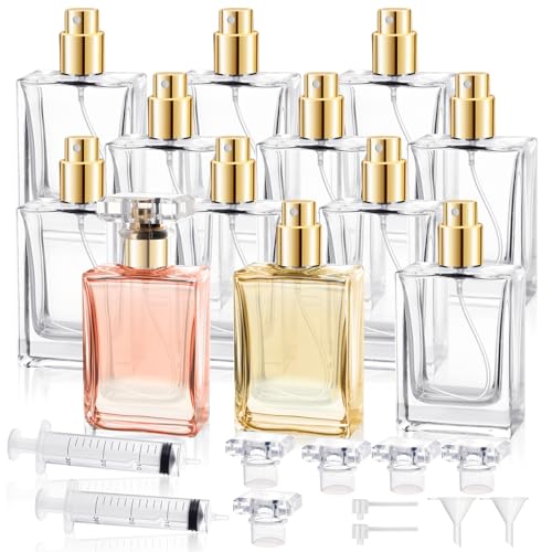 12 Pack Refillable Glass Perfume Bottles - Premium Square Gold Atomizer Spray Bottles, Leak-Proof Portable Empty Perfume Containers for Travel, Purse, Gym & Home Office Use
