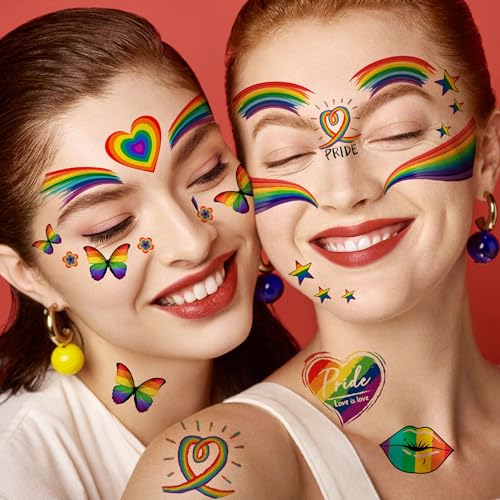 128+ PCS Pride Face Tattoos For Women Men Adults Lovers, Gay LGBTQ LGBT Rainbow Temporary Tattoos Pride Face Stickers, Temp Bulk Fake Tattoos, Rainbow Pride Day Equality Parades Celebrations Festival