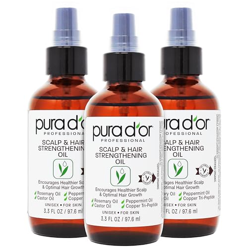 PURA D'OR Scalp & Hair Strengthening Oil (3.3oz x3 = 9.9oz) Supports Optimal Growth, Reduce Breakage, Nourish Roots for Healthier, Fuller, Thicker Hair - Rosemary, Castor & Peppermint Oil
