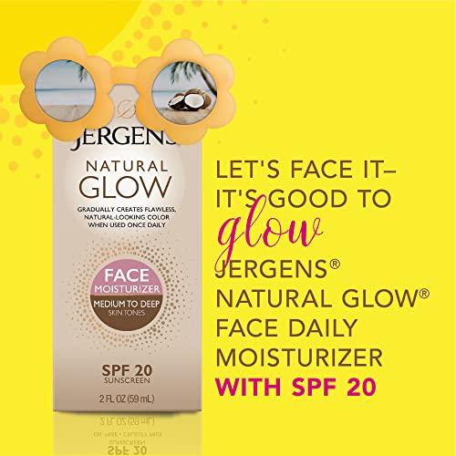 Jergens Natural Glow Face Self Tanner Lotion with SPF 20, Sunless Tanning, Medium to Deep Skin Tone Moisturizer, Daily Facial Sunscreen, Oil Free, Broad Spectrum UVA and UVB Protection,2 Oz(Pack of 2)