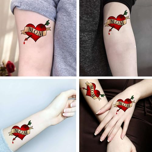 Mom Heart Tattoo 6 Sheets Temporary Tattoo Tattoo Heart Mom Temporary Tattoos Neck Arm Chest for Women Girls Mom Tattoo Stickers for Mothers Day