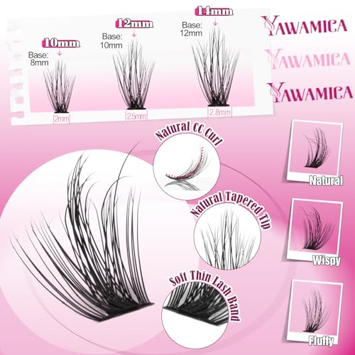 Yawamica Wispy Lash Clusters Natural Eyelash Extension 10-14mm Fluffy Eyelash Clusters CC Curly Individual Lashes Cluster Eyelash Extensions 40D Cluster Lashes 200pcs DIY Lash Extension by Self