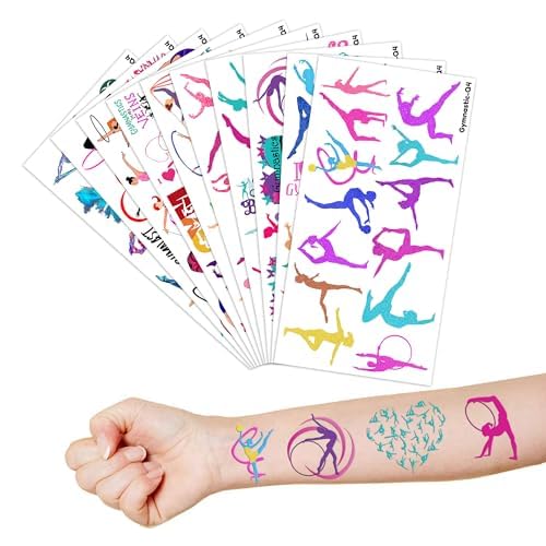 115 PCS Gymnastics Gymnast Gymnastic Temporary Tattoos Birthday Themed Party Decorations Favors Supplies Decor Cute Dance Cheerleader Stickers Gifts for Kids Boys Girls Carnival Christmas Class Prizes