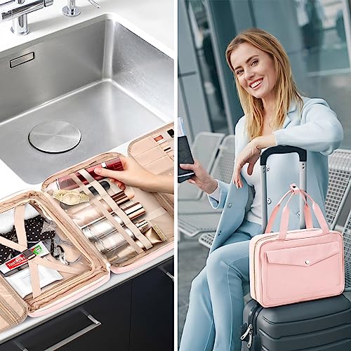 Hanging Travel Toiletry Bag for Men, Large Makeup Bag for Women, Water-resistant PU Leather Dopp Kit Shaving Bag For Full Sized Toiletries,Cosmetics Travel Organizer for Accessories (pink)