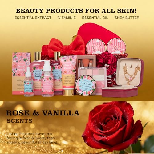 Bath and Body Gift Basket Set Mothers Day, 16 Pcs Luxury Rose & Vanilla Scent Spa Gift Basket Set for Women, Watermelon Body Scrub, Perfect Bath & Body Gift Set, Home Spa Bath Pamper Gifts Teens