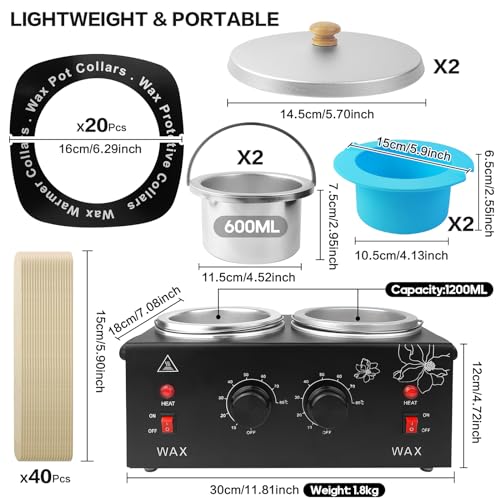 Portable Wax Warmer Machine for Painless Hair Removal, Women Men Professional Wax Heater with Adjustable Temperature Set, 40pcs Sticks, 2 Silicone Bowls (Black - Double Pots)
