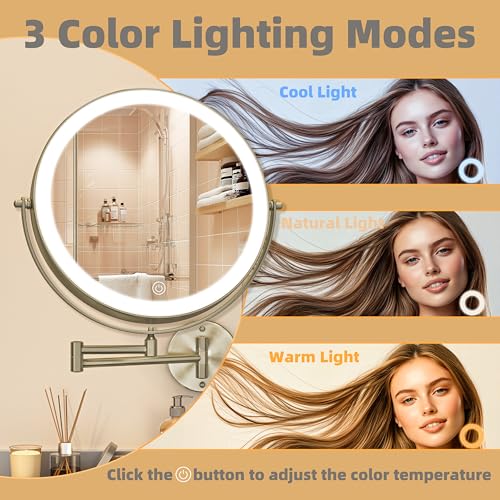 8.5" Wall Mounted Makeup Mirror with Light, 2000mAh Rechargeable Double Sided 1X / 10X Magnifying Vanity Mirror, 3 Color Lights Touch Dimmable 360¡Æ Rotation Bathroom Mirror, Nickel