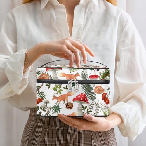 Makeup Travel Bag Organizer Toiletry Bag for Women Portable Cosmetic Storage Case with Handle, Large Capacity Lightweight Toiletries Brush Zipper Bag - Mushroom Fox