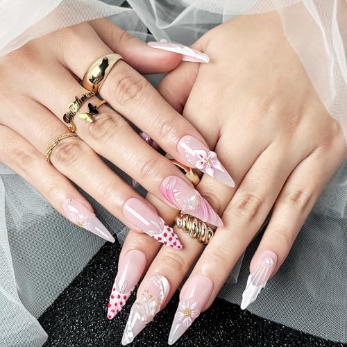 Petal Whisper 10PCS Long Pink Floral Gradient Press On Nails, 3D Flower Pearl Gold Accent Elegant Wedding Fake Nails for Women, Soft Glam Korean Style Acrylic UV Gel Press-On Nails Set (Pink, M)