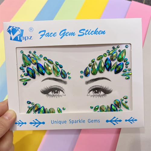 Halloween Green Face Jewels festival face Tattoo rave accessories face gems around eyes body gems Bindi Glitter Eyes Forehead Sticker DIY edm outfits for women festival (emerald/SR14)