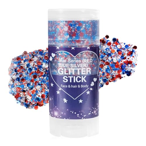 Patriotic Red White and Blue Glitter Stick, 4th of July Outfits for Body & Hair, Women Kids Fourth of July Accessories, Face Hair Glitter for Independence Day, Memorial Day, Veterans Day