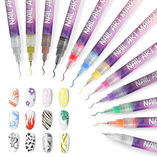 12 Color Nail Art Pens Set - Graffiti Dotting Pen + Painting Liner Brush, All-in-One Nail Polish Art Kit for DIY Manicure & Beauty Adorn Drawing Tools