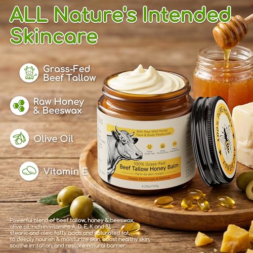 Beef Tallow for Skin & Face, Whipped Tallow and Honey Balm Cream, 100% Grass-Fed Beef Tallow Face Moisturizer with Raw Honey, All Natural Organic Body Lotion Skincare for Soft Smooth Skin, 3.5 OZ