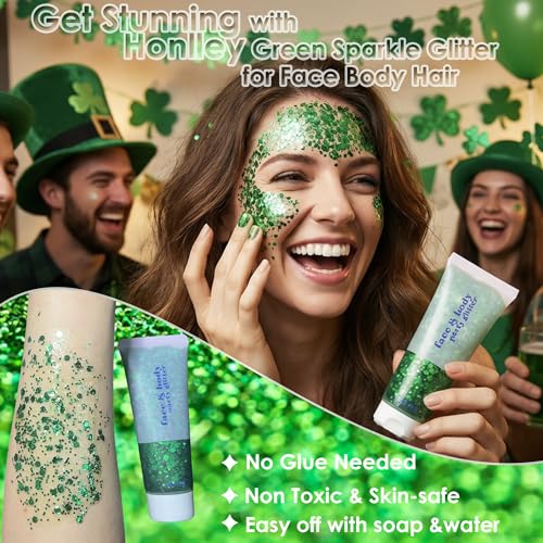 St Patricks Day Green Face Body Glitter, Chunky Hair Glitter for Women, Green Accessories for Spirit Week,Irish Parade Sequins Makeup for Saint Paddy Festival Rave Alien Costume Outfits,55g