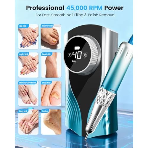 Nail Filer Electric Nail Drill Professional, Kisufu 45000 RPM Rechargeable Efile Nail Drill Kit with Smart Led, 3600mAh, Portable Nail Grinder for Salon Home Use, Women's Day Gifts (Blue).