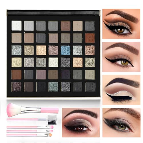 42 Colors Black Gray Smokey Eyeshadow Palette,Matte Shimmer Glitter Neutral Eyeshadow Palette,Highly Pigmented Smokey Silver Black Eye Shadow Palette Goth Makeup Kit with Eyeshadow Brush