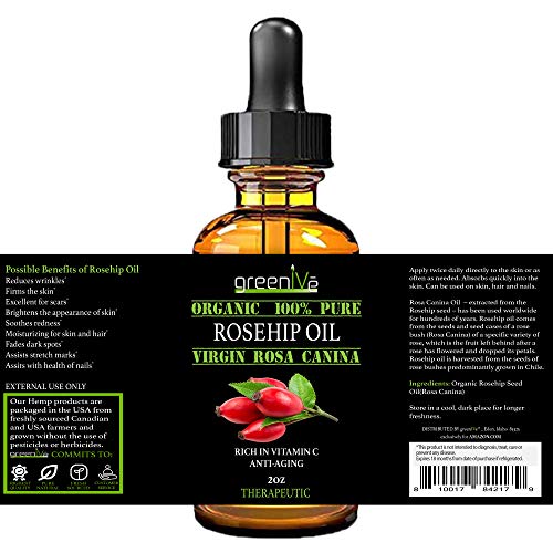 GreenIVe Rosehip Oil Rosa Canina 100% Pure Cold Pressed Virgin Oil Glass Dropper Easy Application (2 Fl Oz)