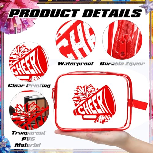 Kacctyen 12 Pcs Cheer Makeup Bag Cheer Gifts Bulk for Team 7 x 5.5 x 1.8 '' Cosmetic Bag with Handle Cheerleader PVC Makeup Case Clear Toiletry Zipper Pouch for Cheerleading Party Supplies, Red