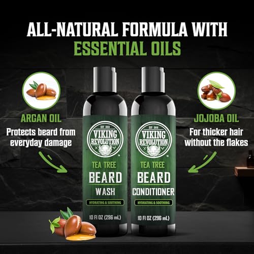 Viking Revolution Tea Tree Oil Beard Wash and Beard Conditioner For Men - Natural Beard Softener Set with Argan Oil, Vitamin E and Ginseng - Tea Tree Beard Shampoo and Conditioner Set (10 Oz)