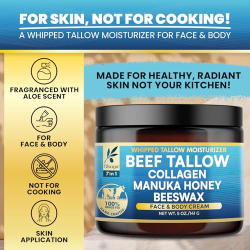 Organic Beef Tallow for Skin, Organic Grass-Fed Beef Tallow Balm with Manuka Honey, Aloe Vera, Jojoba Oil, Collagen & Beeswax, Olive Oil, Moisturizer for Dry Skin, Nourishes Face, Body & Lips (2 Pack)