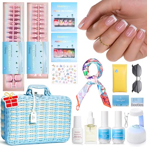 Beetles X Press Plus on Nails Kit Summer Pretty Box with Picnic Basket, All-in-One Summer French Tips Press on Nails Kit with Nail Gels and Tools Best Gift for Girls Women(2025 Limited Edition)