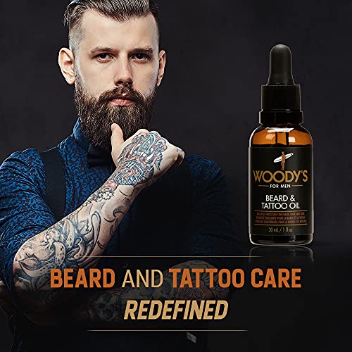 Woody's Tattoo & Beard Oil for Men - Mens Beard Oil, Hydrating Facial Hair & Skin Moisturizer, Enhances Beards Growth & Tattoo Vibrancy, 1 fl oz