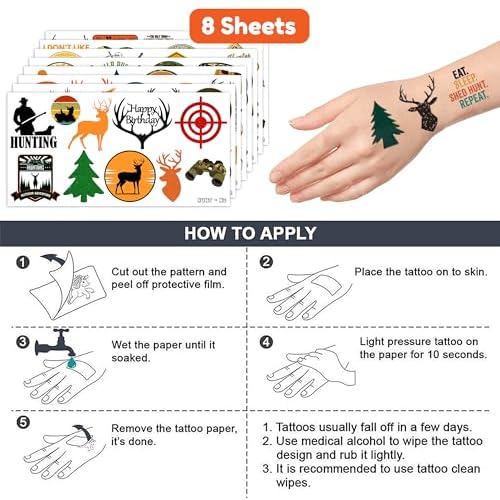 Gone Hunting Temporary Tattoos 88 PCS Oh Deer Hunter Camo Party Decorations Favors Supplies Fishing Theme Birthday Cute Tattoo Stickers Christmas Gifts for Boys Girls Kids Class School Prizes Carnival