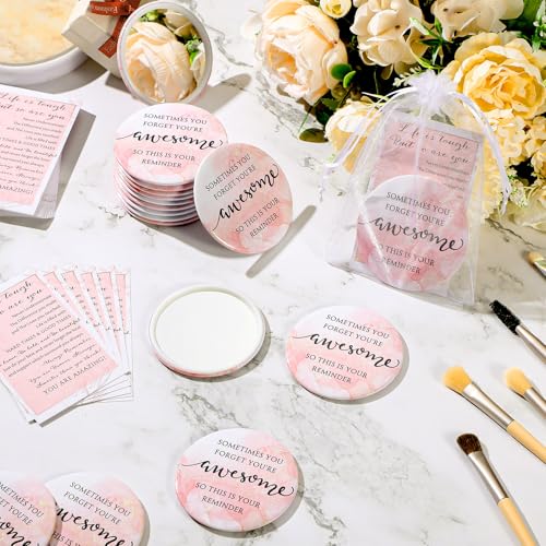 50 Set Women's Day Inspirational Compact Mirror Bulk Gift for Women Mini Makeup Pocket Mirror Employee Appreciation Gifts with Motivational Cards for Mother's Day Social Coworker Teacher (Pink)