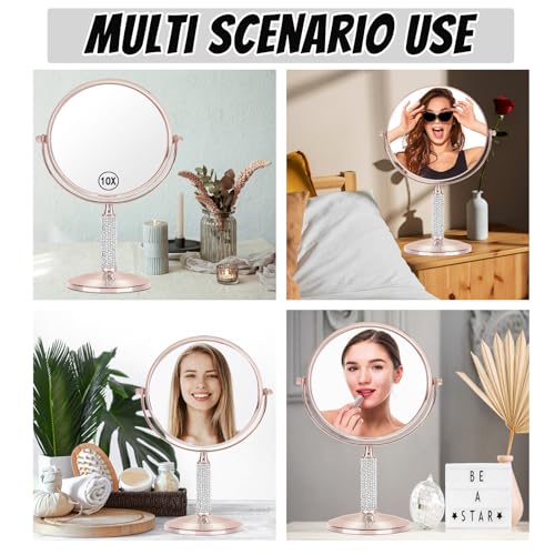 7"Rose Gold Glitter Diamond Rhinestone Makeup Mirror,360¡ÆRotate Round Tabletop Vanity Mirror Double Sided 1X/10X HD Undistorted Magnifying Mirror,Portable Vanity Women Gift (No Lamp Rose Gold)