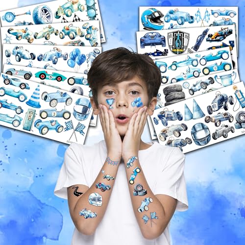 105 PCS Blue Race Car Temporary Tattoos Birthday Party Decorations Favors Supplies Watercolor Racing Car Themed Blue Checkered Flags Wheel Stickers Gifts For Girls Boys Classroom School Prizes Reward