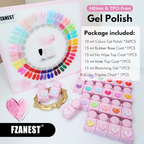 FZANEST 30pcs Gel Nail Polish Set, HEAM-free TPO-free Professional 10ml 26 Bright Spring Summer Candy Colors DIY Gel Nail Kit with Base Top Coat, Matte Top & Blooming ? Unique Pink Heart Shaped Bottle