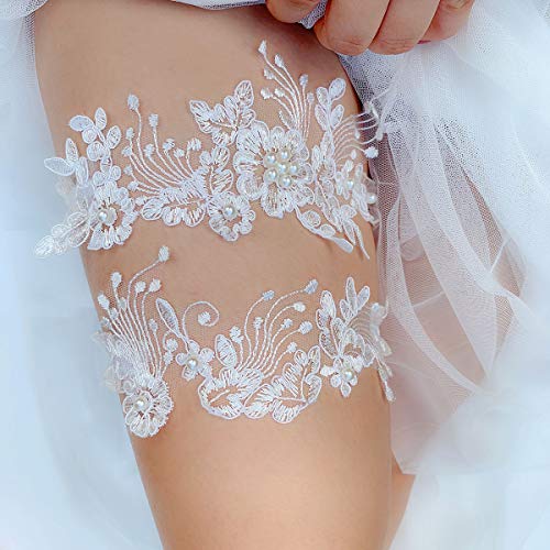 JWICOS 2PCS Wedding Lace Garter Set Flower Bridal Garter Belt Bride Stretch Garter Costume for Women (White)