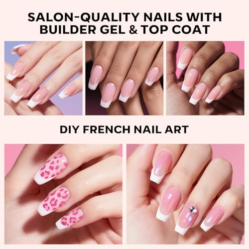 Modelones Gel Nail Kit, Top Coat, Nail Builder Gel and Nail Glue for Nail Tips, Press On Nails Kit with LED Light, 150 PCS Long Pink Square, 15 Sizes French Tip Press on Nails