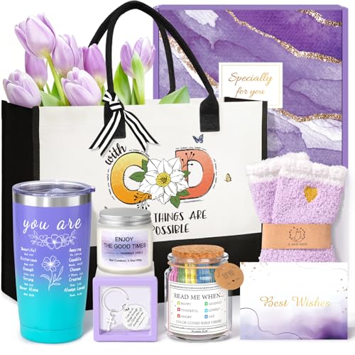 Thank You Gifts for Women, Appreciation Gifts for Women, Thank You Gift Baskets w/Tote Bag Acrylic Decor/Bible Verse Jar
