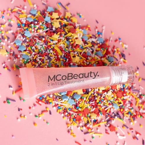 MCoBeauty - Glow and Treat 2-in-1 Lip Treatment - Birthday Cake Scent - Moisturising Lip Oil with Squalane and Roller Ball Applicator - Glossy Shine Finish - Stocking Stuffers for Teen Girls - 10ml