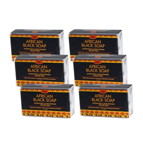 Primal Elements African Black Soap with Shea Butter and Charcoal for Dry Skin, Detoxifying and Acne Fighting, 6 Pack