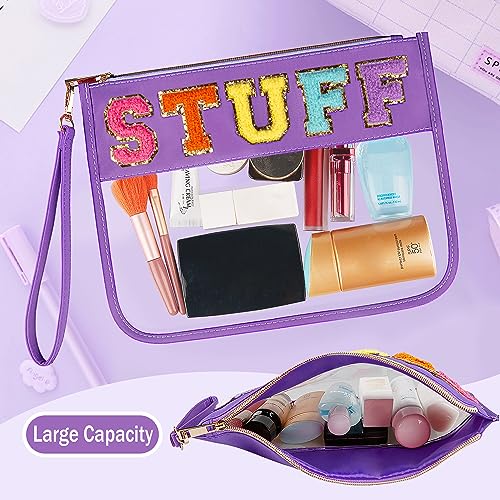 Chenille Letter Clear Bag, Travel Makeup Letter Bag with Zipper, Waterproof Transparent PVC Cosmetic Bag, Cute Snacks Portable Stuff for Women (Purple STUFF)