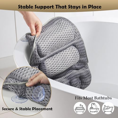 Bath Pillows for Tub, Full-Body Relaxation with Head, Neck & Shoulder Support, Ergonomic Design, 10 Suction Cups, Breathable 4D Air Mesh (Grey)