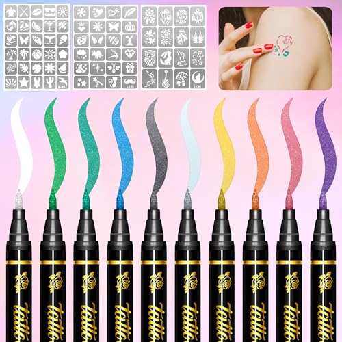 Temporary Tattoo Markers for Skin, 10 Body Markers+70 Tattoo Stencils,Safe Non-Toxic Water-Based Ink, Soft Brush Nib,Temporary Art Drawing, Washable Markers for Face & Body Art, Party Favor