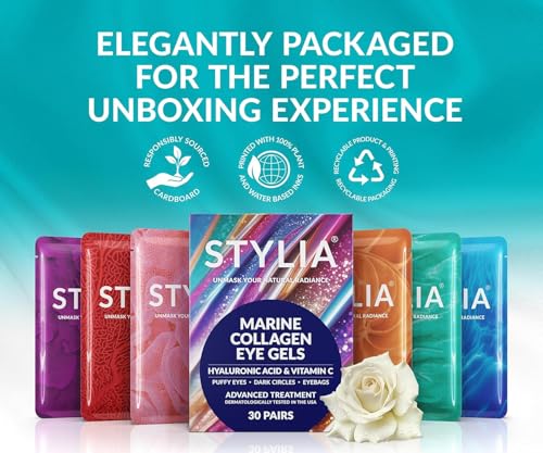 Stylia Under Eye Patches for Dark Circles and Puffy Eyes (6 Pairs), Marine Collagen Eye Mask for Puffiness with Vitamin C, Hyaluronic Acid, Pearl Extract, Eye Gel Pads for Dark Circles and Puffiness