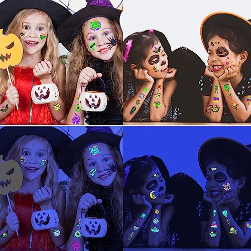 10 Sheets Glow Under UV Blacklight Neon Halloween Temporary Tattoo, 95+ Styles Waterproof Luminous Fake Tattoo for Kids Party, Toddlers, Children, Boys, and Girls