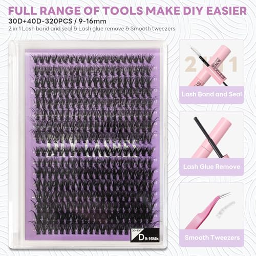 Lash Extension Kit Thick Eyelash Extension Kit 9-16mm Fluff Volume Lash Clusters 30D 40D Individual Eyelashes Kit with Lashes Bond, Lashes Remover, Lash Tweezers, DIY Lash Extension