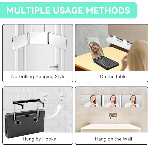 3 Way Mirror with LED Lights & 360¡Æ View,See Back of Head Trifold Barber Mirror for Self Haircut, Shaving & Braiding, Portable Travel Design with Hook for Home,Men & Women (Black)