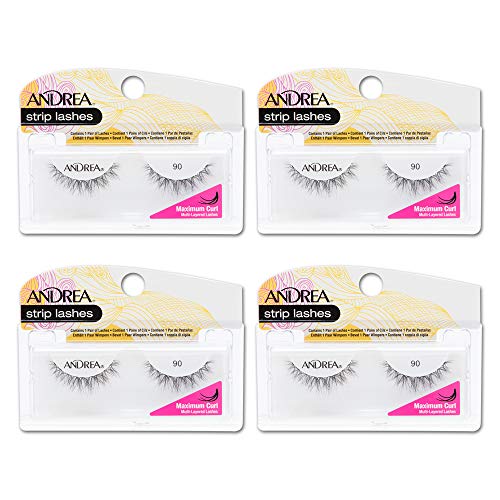 Andrea Curl Natural False Lashes Style 90 ? Black, Lightweight, Natural Strip Lashes for Voluminous Curl, 4 Pack